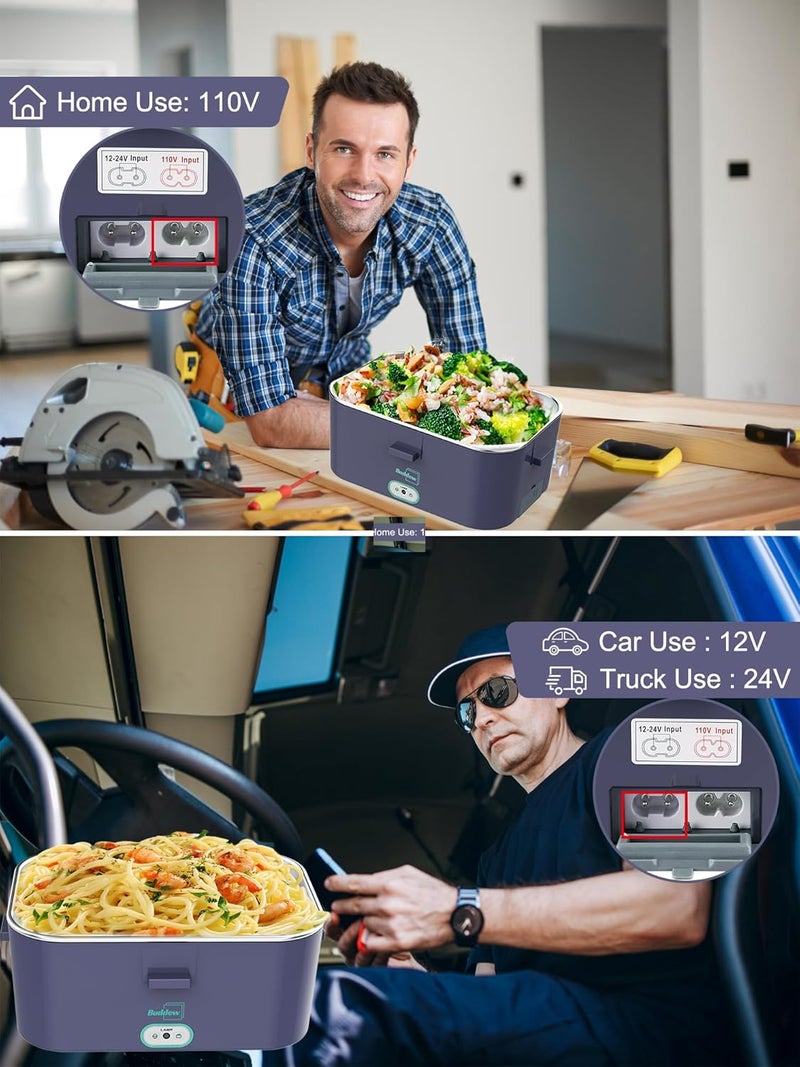 Buddew Electric Lunch Box for Adults, 80W Heated Lunch Box 1.8L Stainless Steel Portable Food Warmer,12/24/110V Lonchera Electrica Portatil for Travel & Work, Loncheras para Hombres de Trabajo - Image 3
